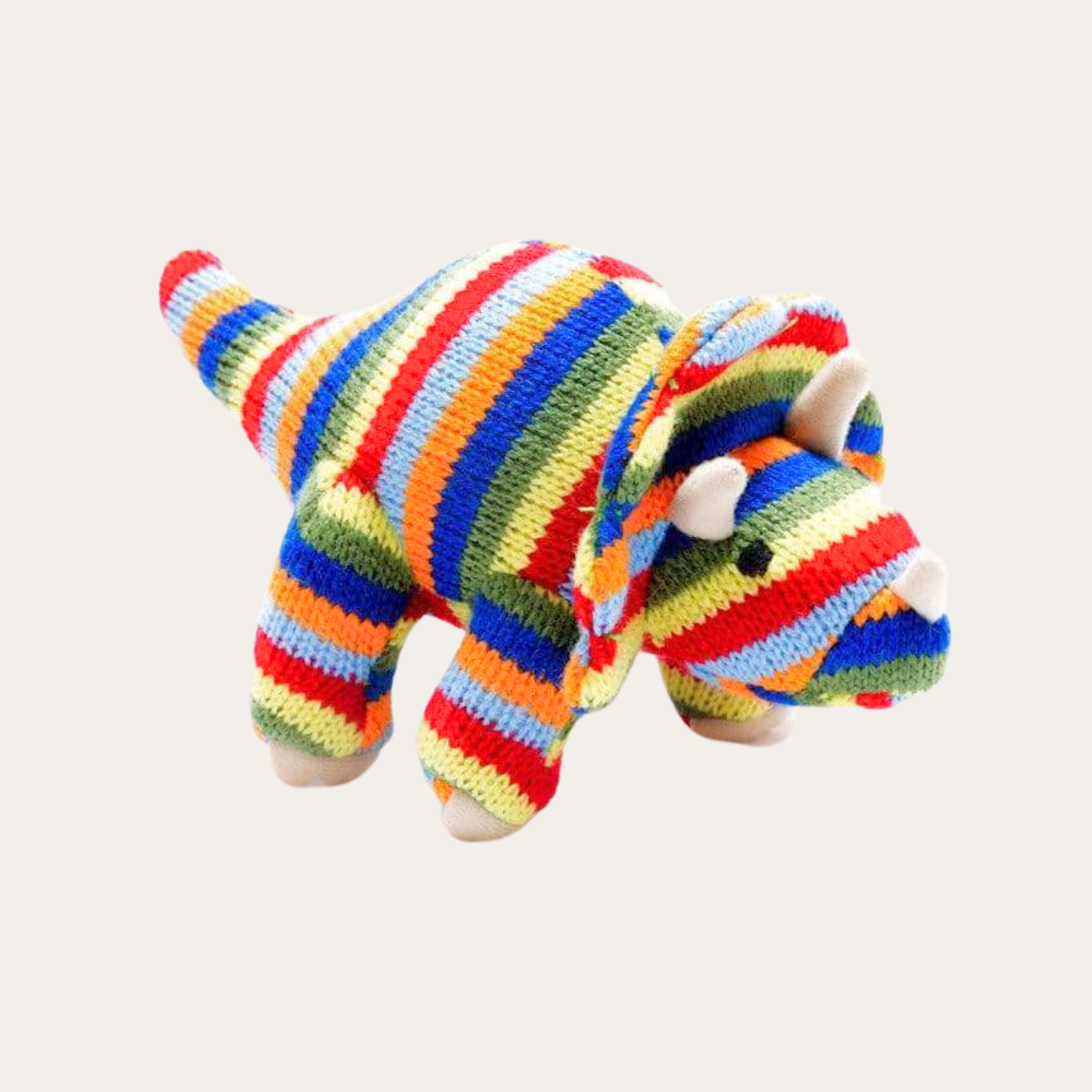 Rainbow Striped Knitted Triceratops Dinosaur Rattle 