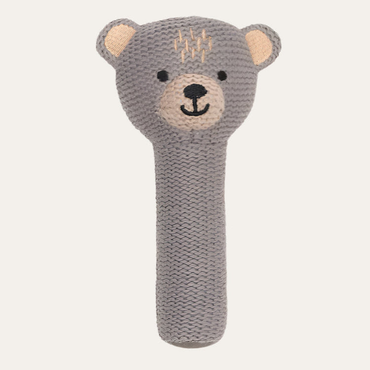 Knitted Bear Stick Rattle with soft texture and gentle bells