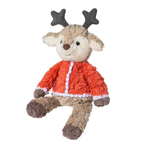 13inch tall soft cuddly brown reindeer with glittery antlers and a red soft furry jacket
