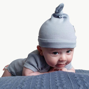 ribbed baby blue cotton hat with a knot