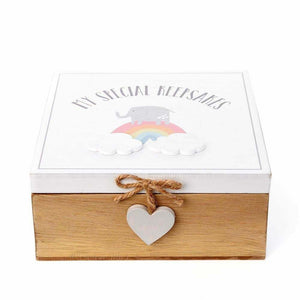 Wooden keepsake box with white lid featuring an elephant on a rainbow.