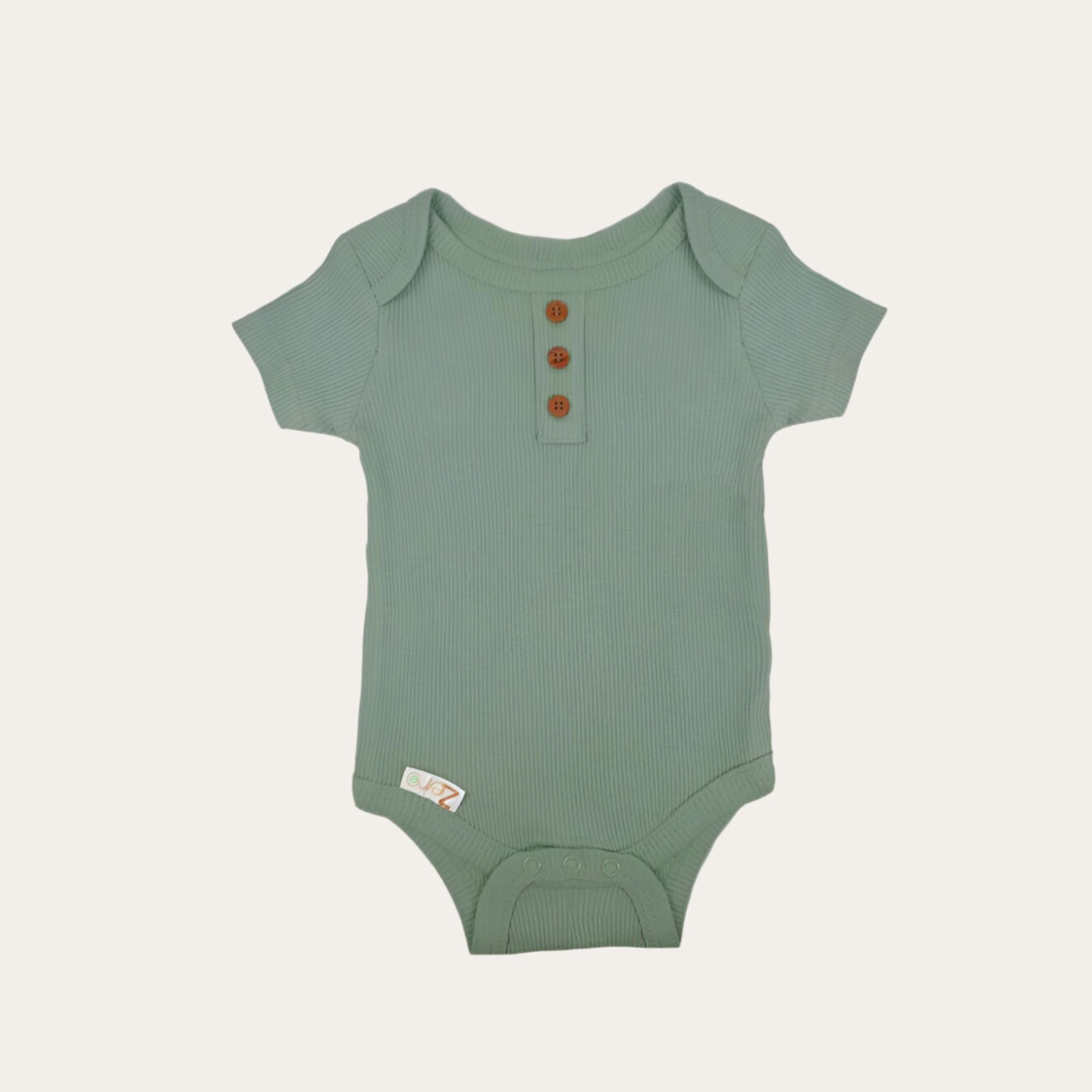 Sage green baby bodysuit with 3 brown buttons