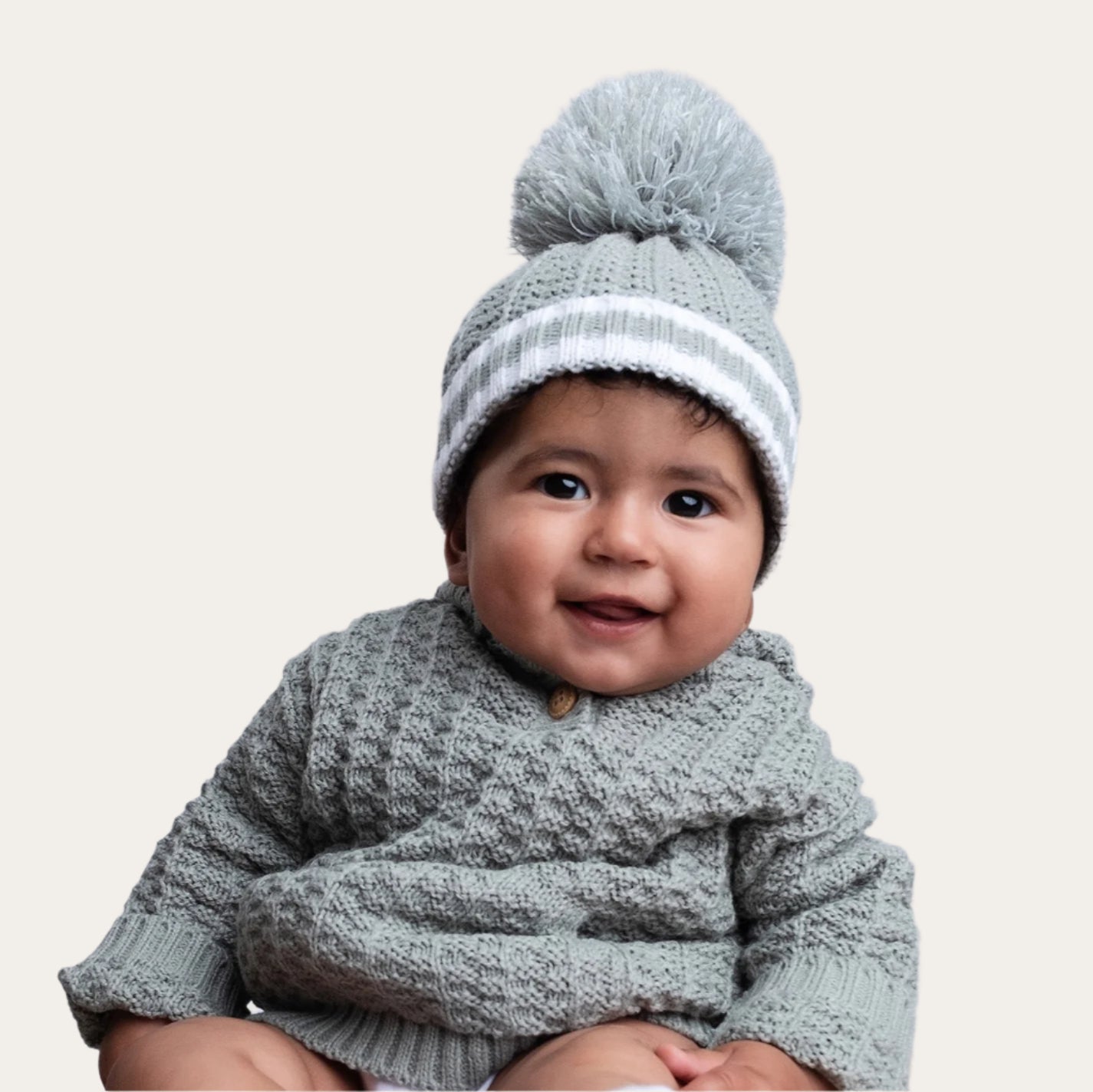 Sage Green Ribbed Hat with ribbed hat, turnover brim, large pom-pom.  Perfect baby winter gift