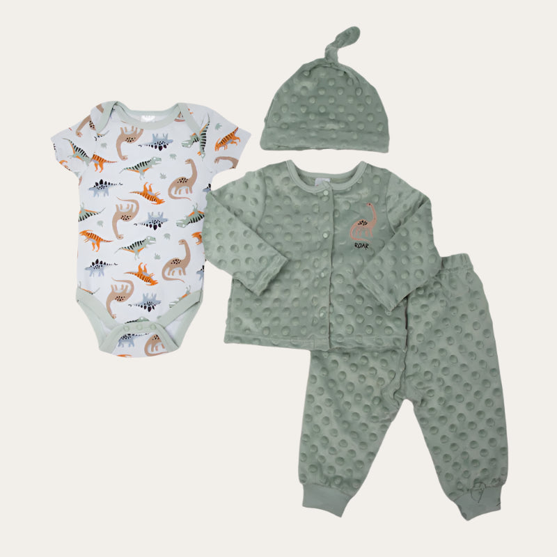 Green baby trousers and cardigan with matching hat and a dinosaur baby vest. 4 piece outfit. Bumbles and boo.