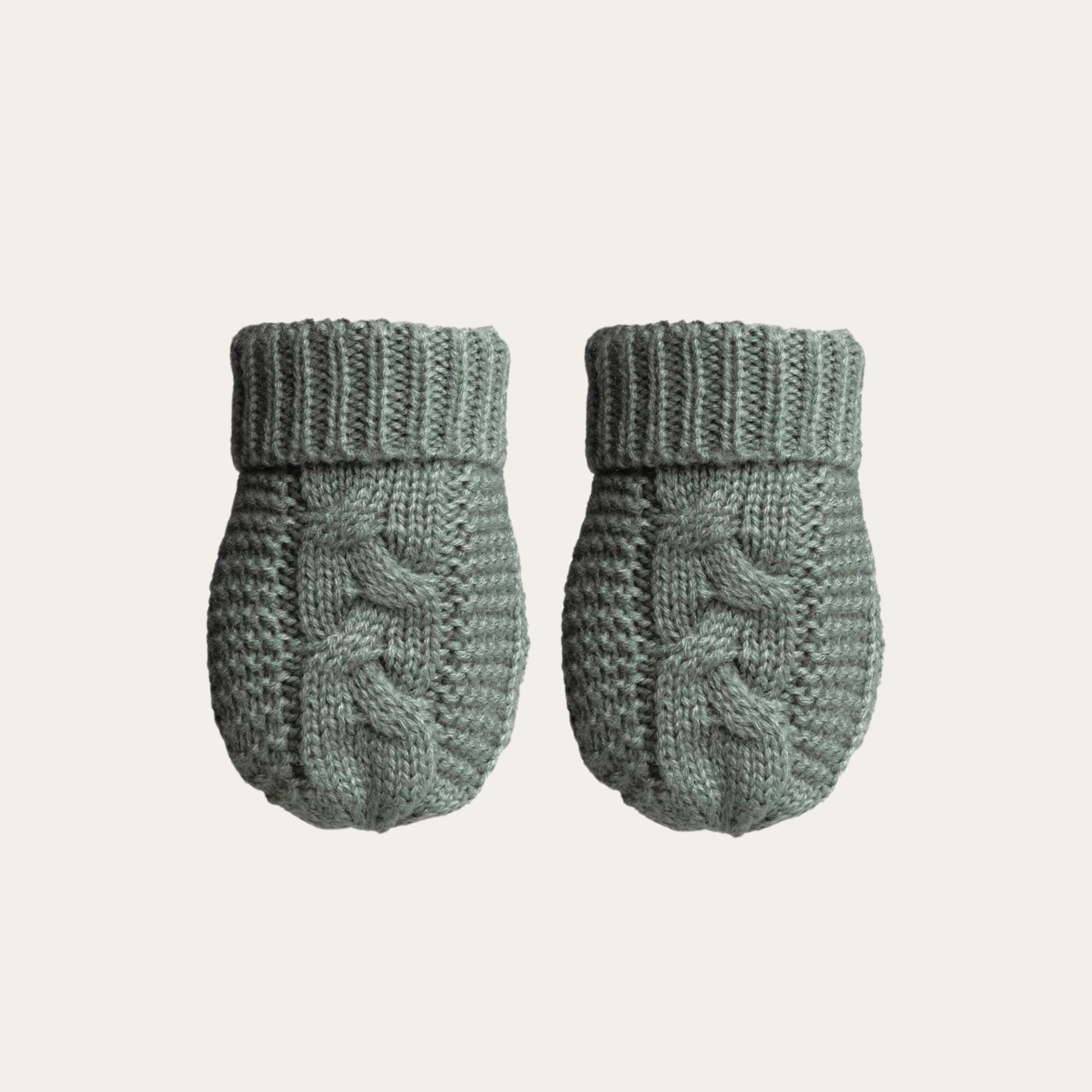 sage green knit baby mittens with turnover cuff