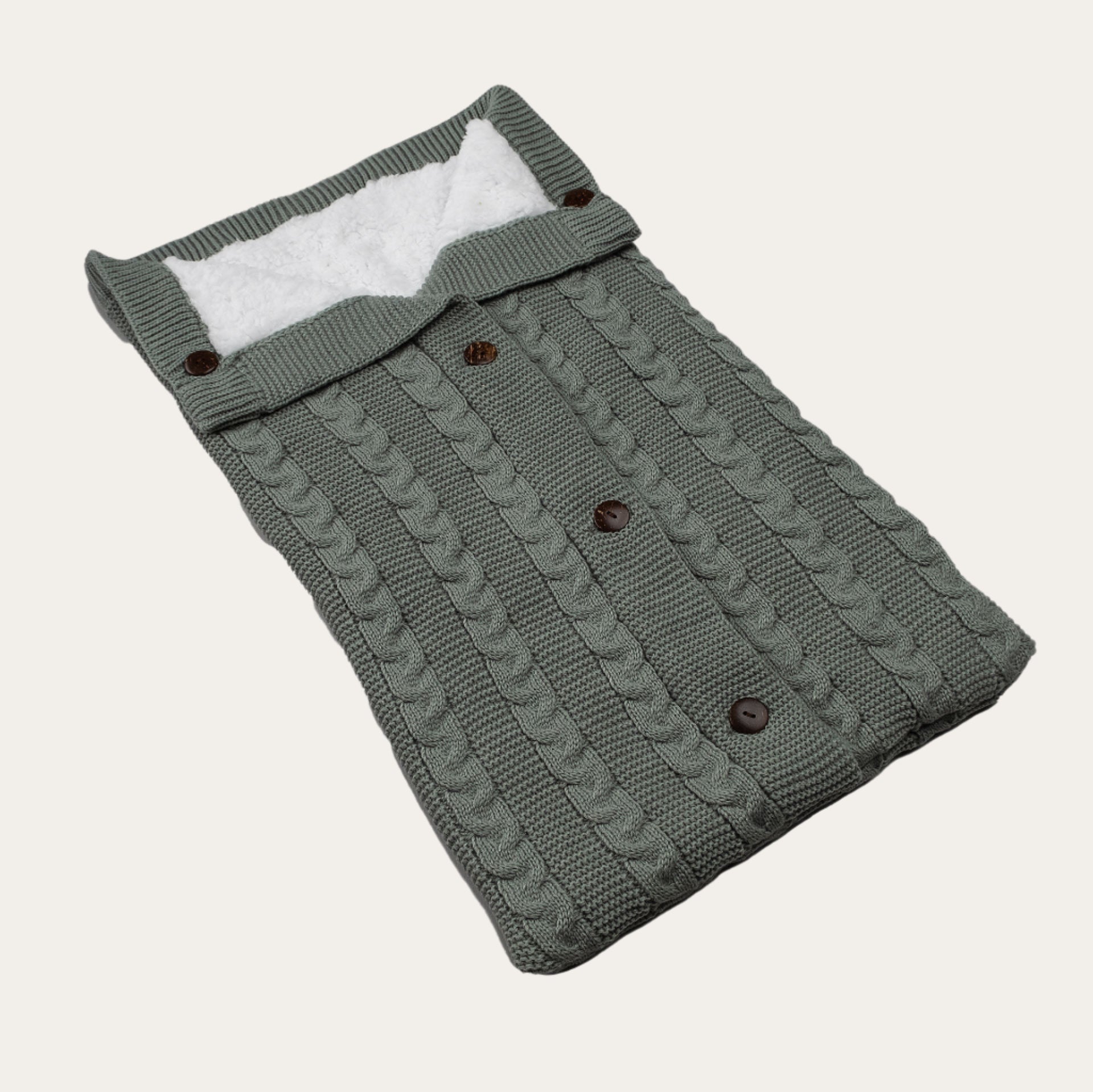 Sage green recycled cable knit baby swaddle wrap – size NB-6 months