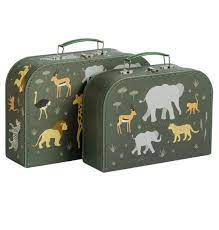 Set of two savanna animal storage trunk suitcases to keep babies mementos in 