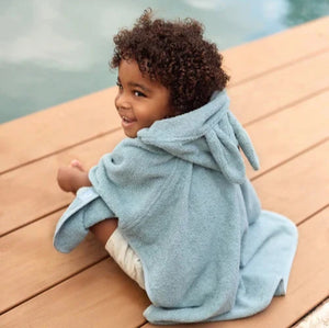 Sea green  terry towelling hooded bath cape for ages 1-4 100% soft cotton, absorbs moisture quickly, gentle on baby’s skin, cozy and warm bumbles and boo