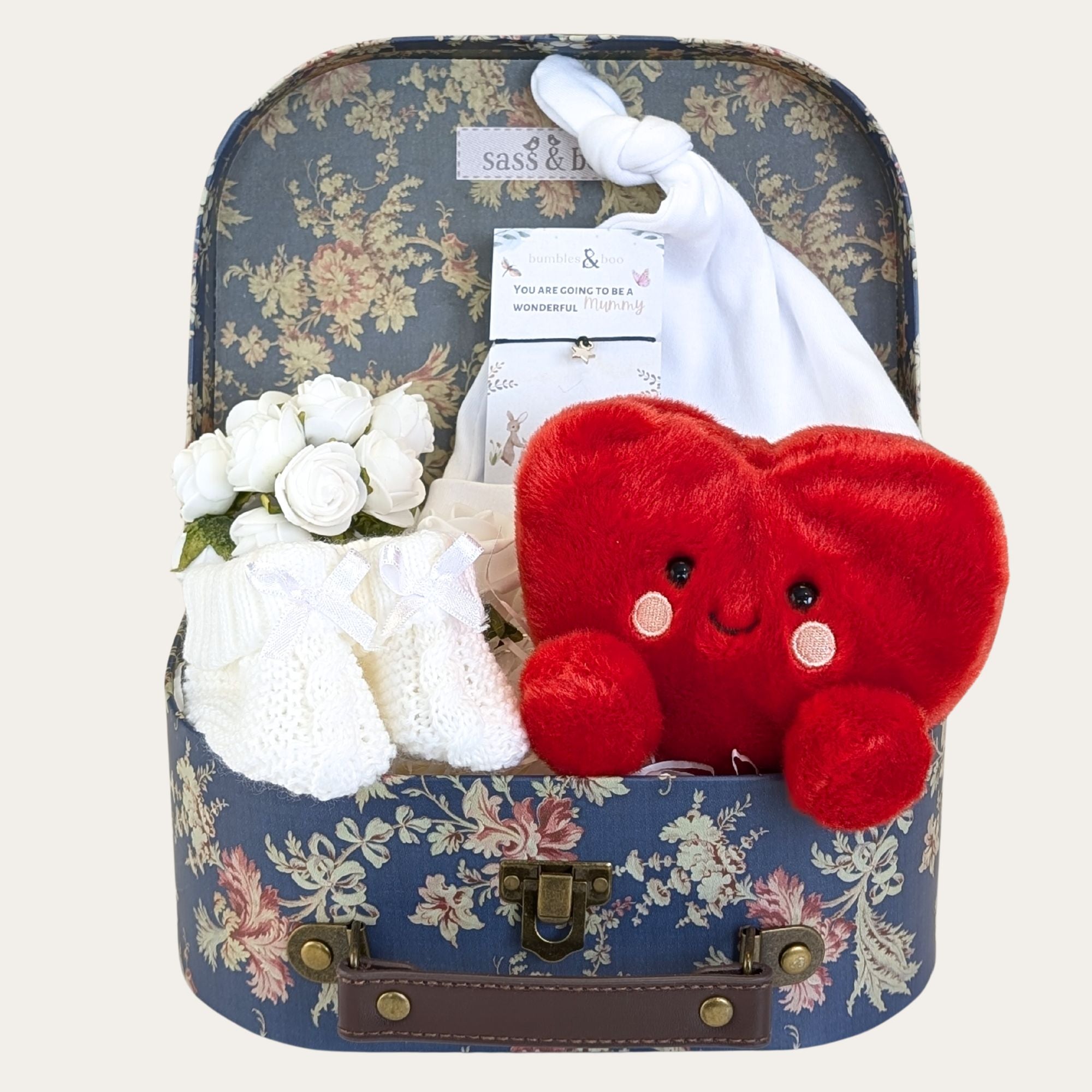 pregnancy gifts hamper with love heart soft toy, baby hat and baby booties.