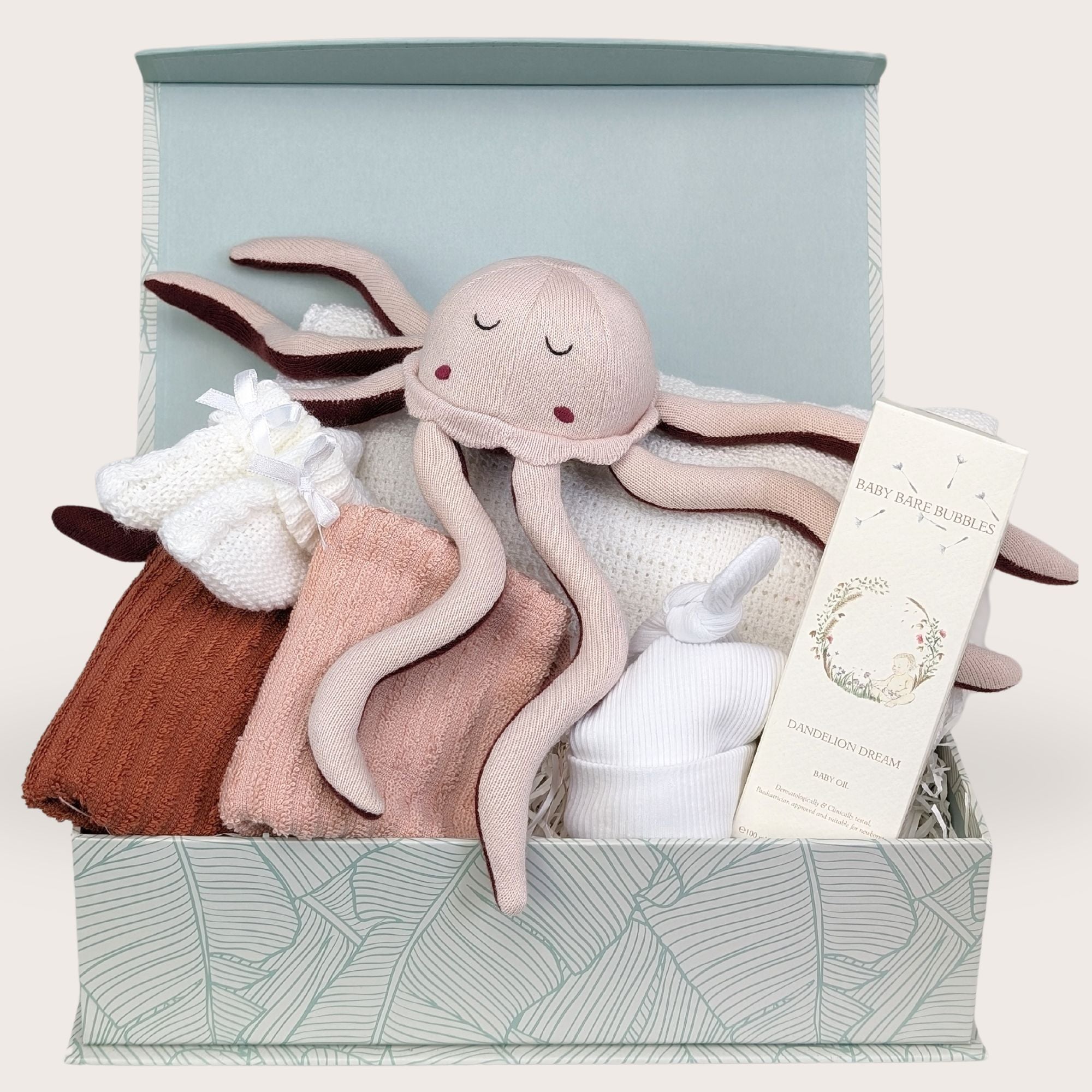 sensory baby girl gifts with pink octopus soft toy and baby blanket. In a lidded hamper box.