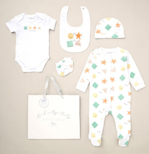 Unisex white clothing gift set with colourful prints of different shapes bumbles and boo