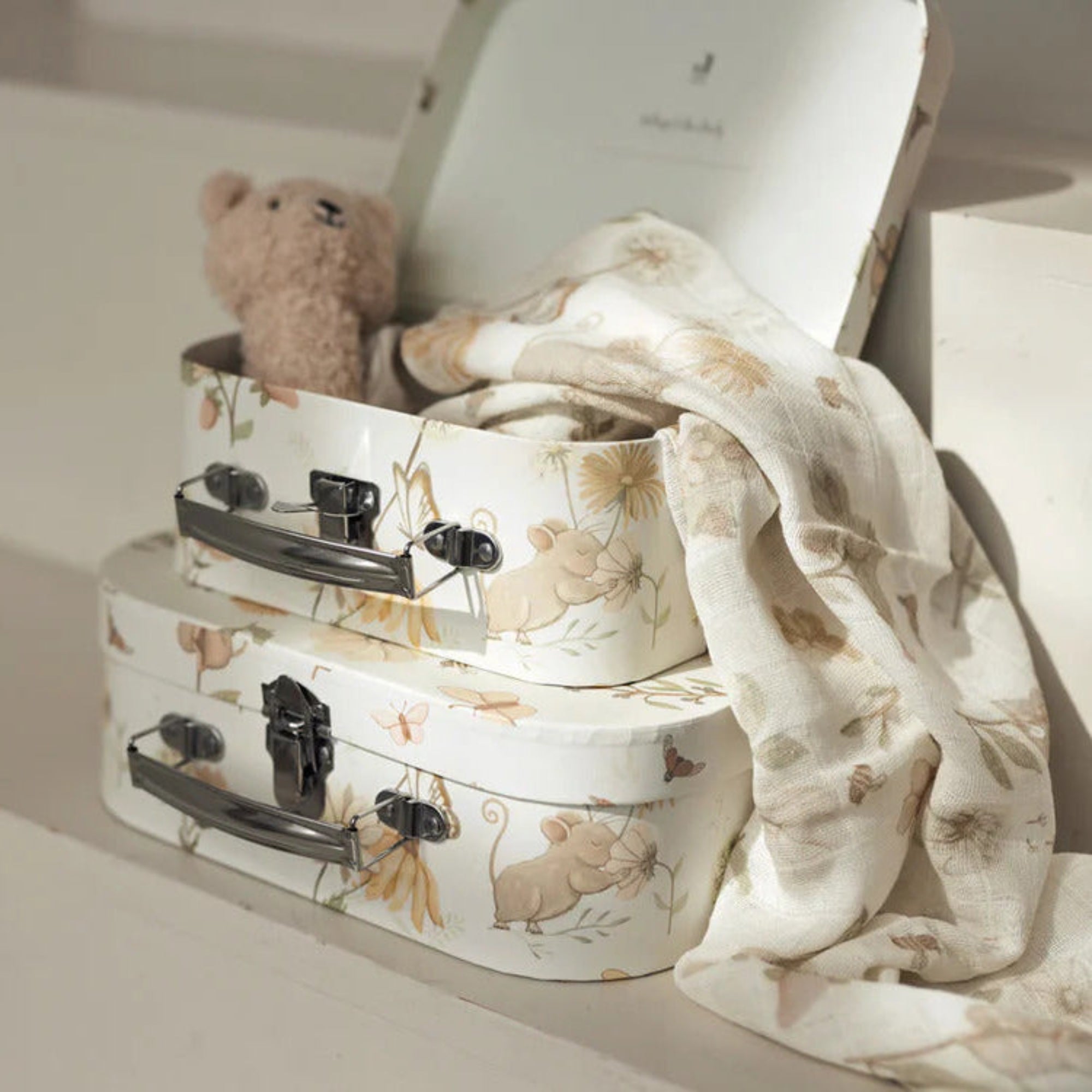 Keepsake Storage Suitcase Play Case Set (2 pieces) featuring Dreamy Mouse print and space for a child’s name.