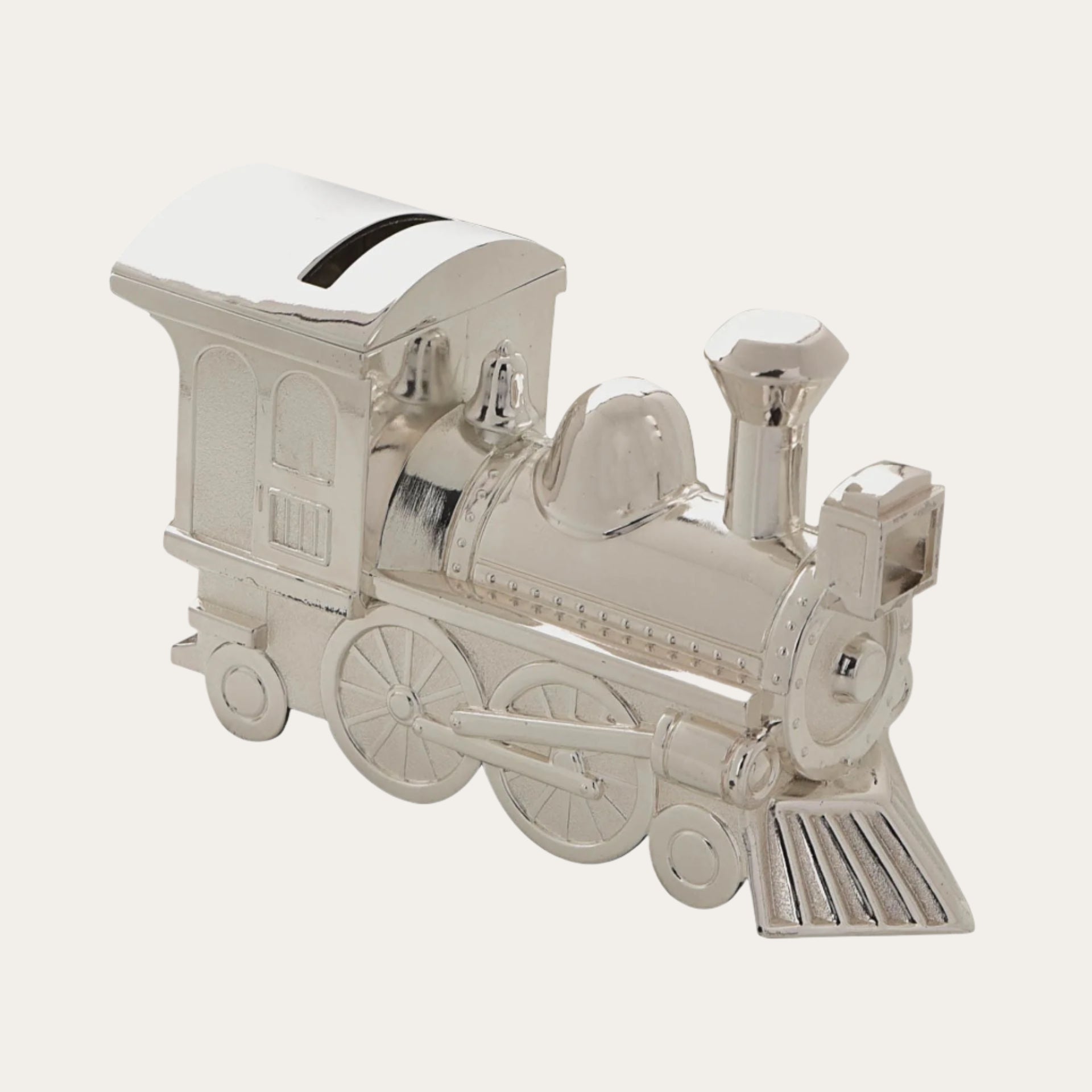 large silver plated money box in the shape and style of a classic steam train