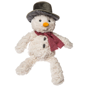 White cuddle snowman soft toy with top hat and scarf measuring 11 inches  tall