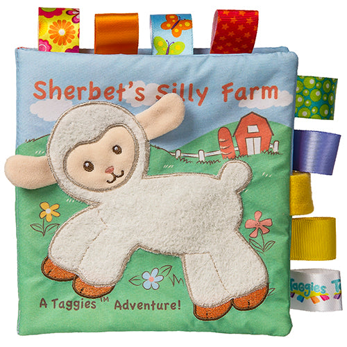 Soft taggie material sherbert lamb book with taggies around the edge for extra sensory activity