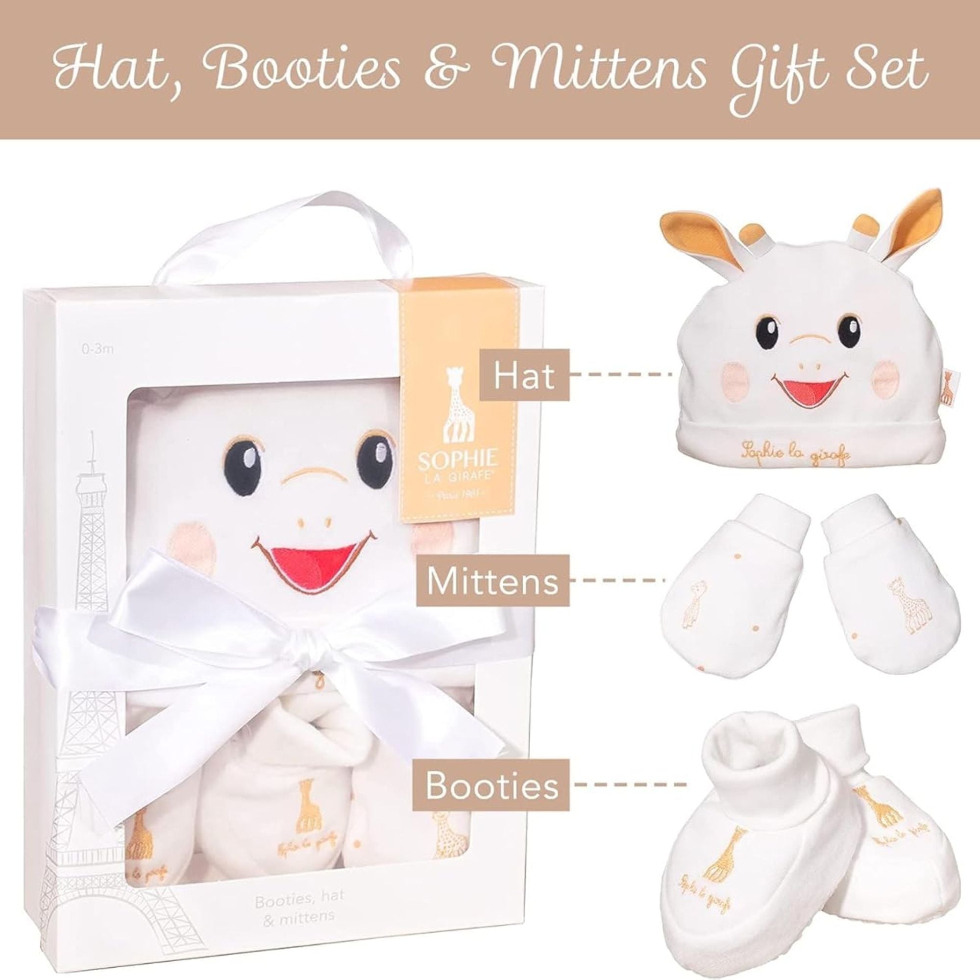 Sophie La Girafe gorgeous matching set of hat, mitens and booties presented in a box - perfect for gifting to a new baby. 