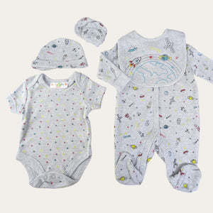 space themed baby clothing set which includes hat, mittens, vest, bib and sleepsuit