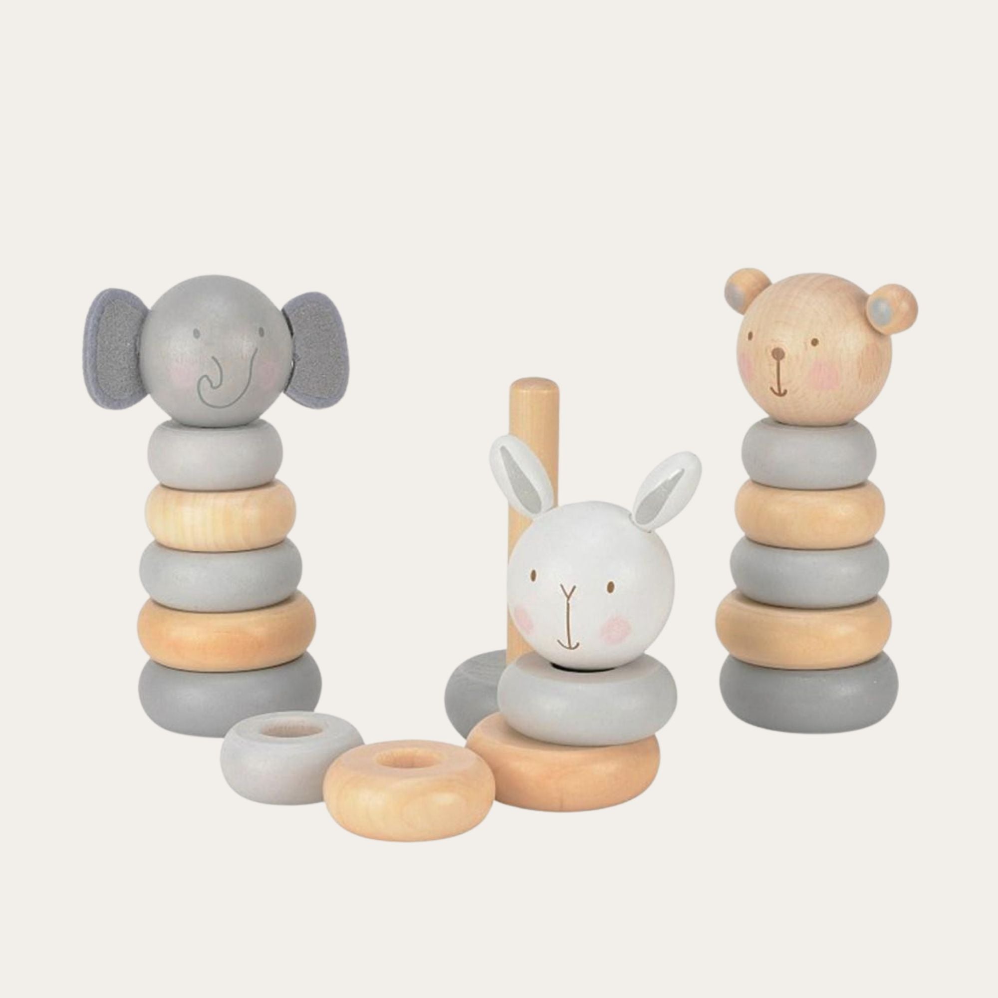 Wooden ring stacking tower toys with animal toppers.