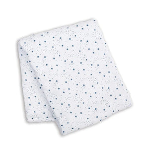 Large cotton muslin swaddle blanket with blue star print measuring 100 x 100cm which can be used as a swaddling blanket, nursing cover up, buggie cover or burp cloth