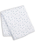 Large cotton muslin swaddle blanket with blue star print measuring 100 x 100cm which can be used as a swaddling blanket, nursing cover up, buggie cover or burp cloth