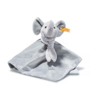 Soft grey elephant comforter baby gift with a smiling elephant face