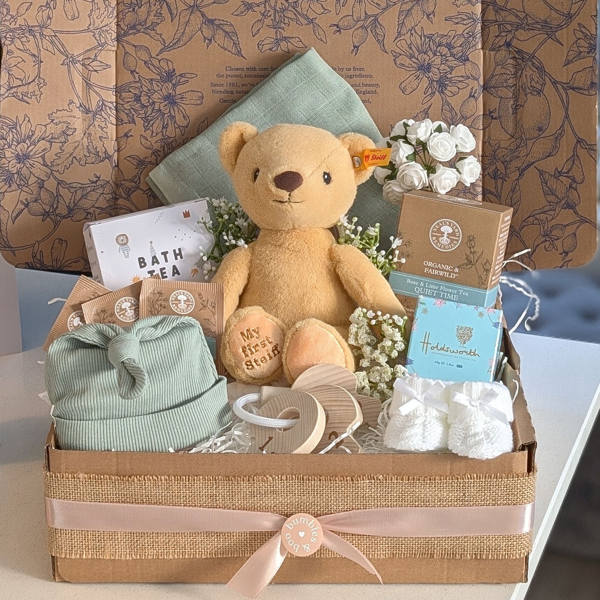 new baby hamper box with steiff teddy bear and clothing. bumbles and boo.