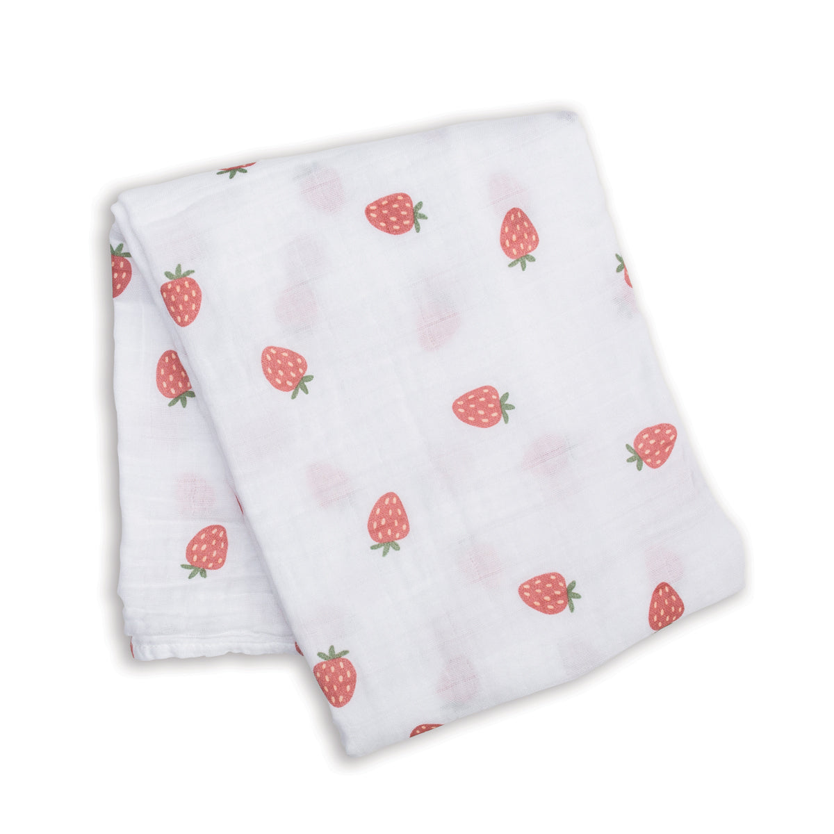 Large cotton muslin swaddle blanket with strawberry print measuring 100 x 100cm which can be used as a swaddling blanket, nursing cover up, buggie cover or burp cloth