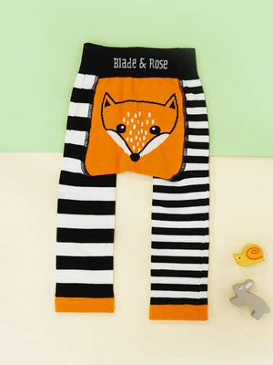 Black and white striped leggings with a orange fox on the bum