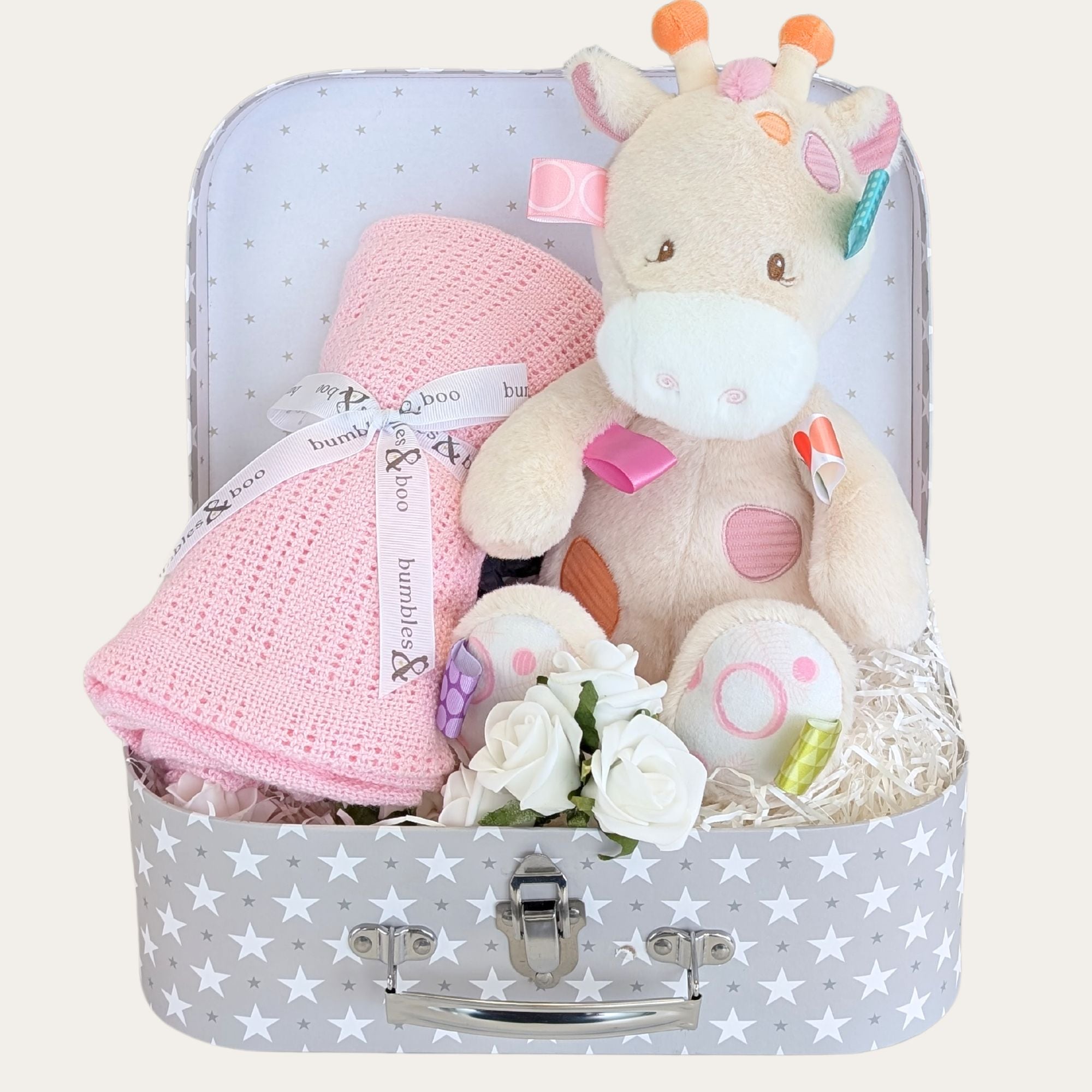 baby girl gifts hamper trunk with giraffe and pink cellular blanket