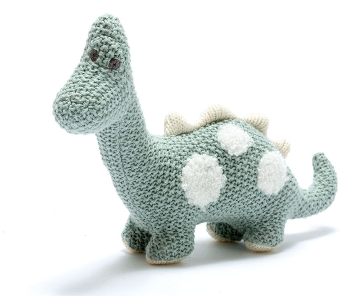 Organic cotton teal coloured knitted dinosaur diplodocus 