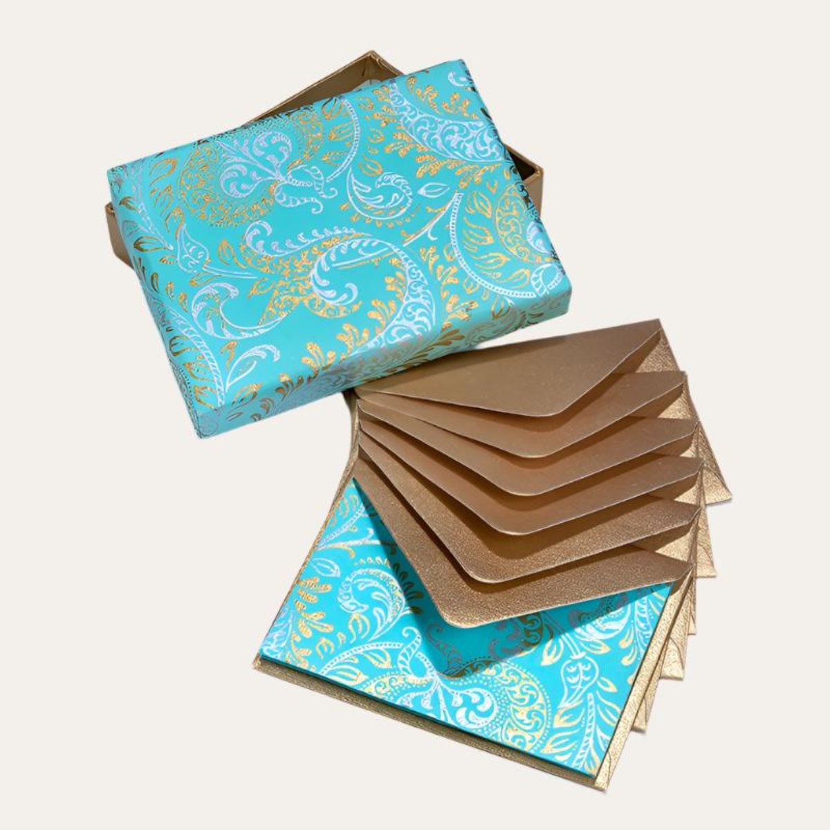 Splendour Boxed Note Cards in Teal with matching envelopes, elegantly displayed in a premium box.