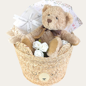 new baby gifts hamper with teddy, blanket, booties and milestone cards