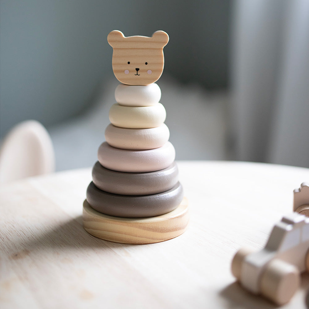 Wooden Stacking Ring Teddy in natural colours with 6 stackable rings