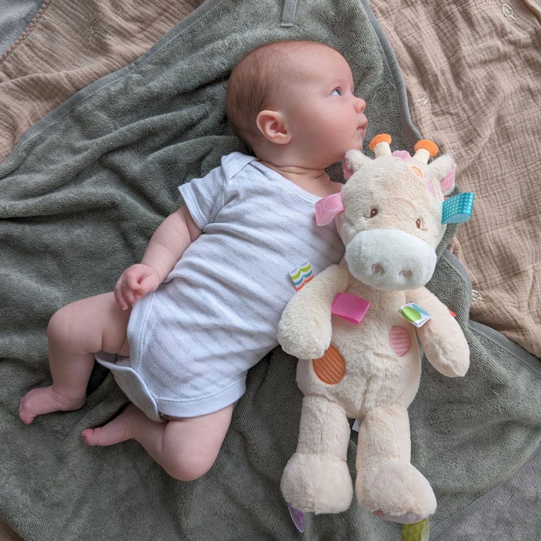 large giraffe soft toy with sensory ribbons and baby