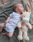 large giraffe soft toy with sensory ribbons and baby