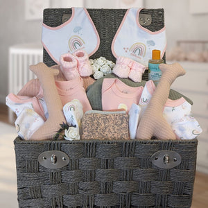 Twins gifts hamper for baby girls. Baby clothing, organic towel, baby toys and baby wash.