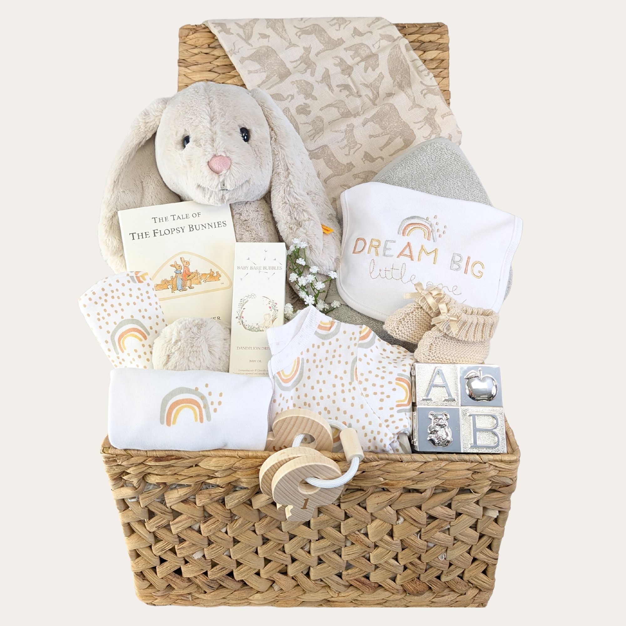 baby hamper with a bunny theme and clothing bumbles and boo