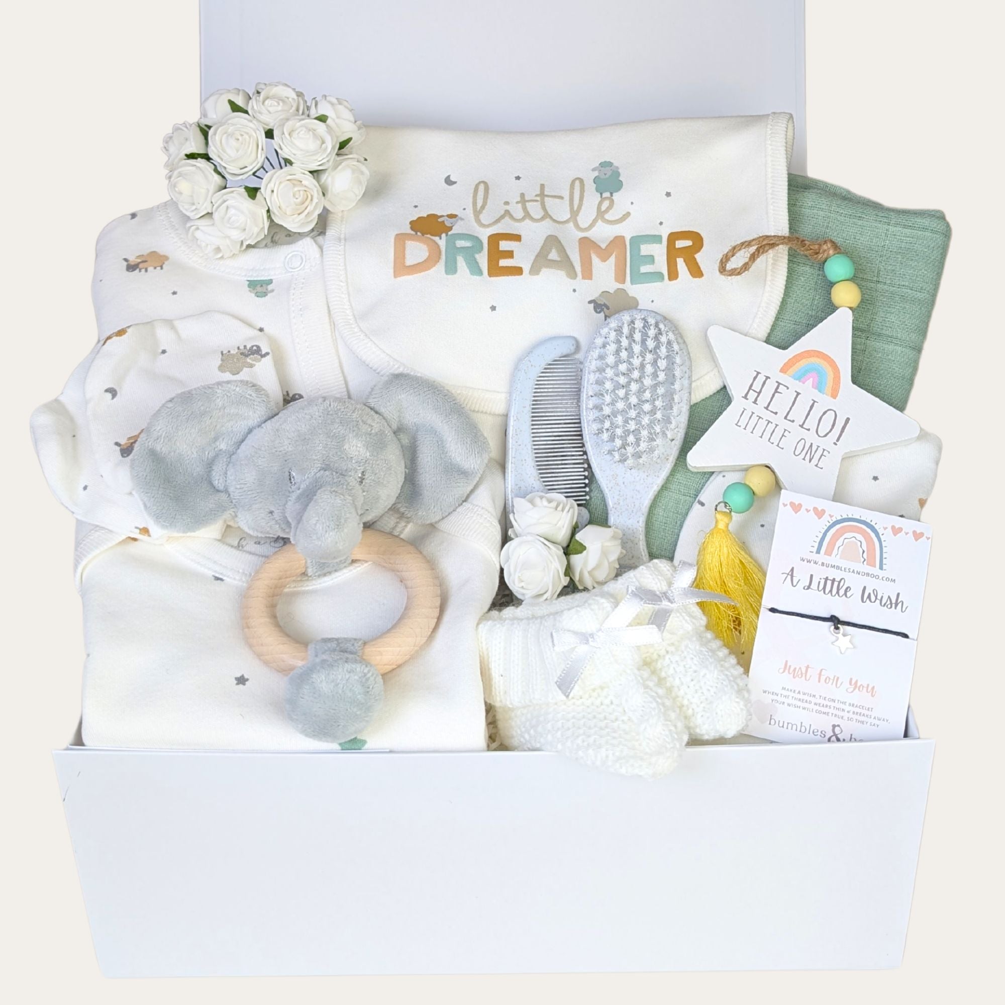 baby gift set with little dreamer outfit, green muslin, brush and comb, bracelet, rattle and nursery plaque. bumbles and boo.