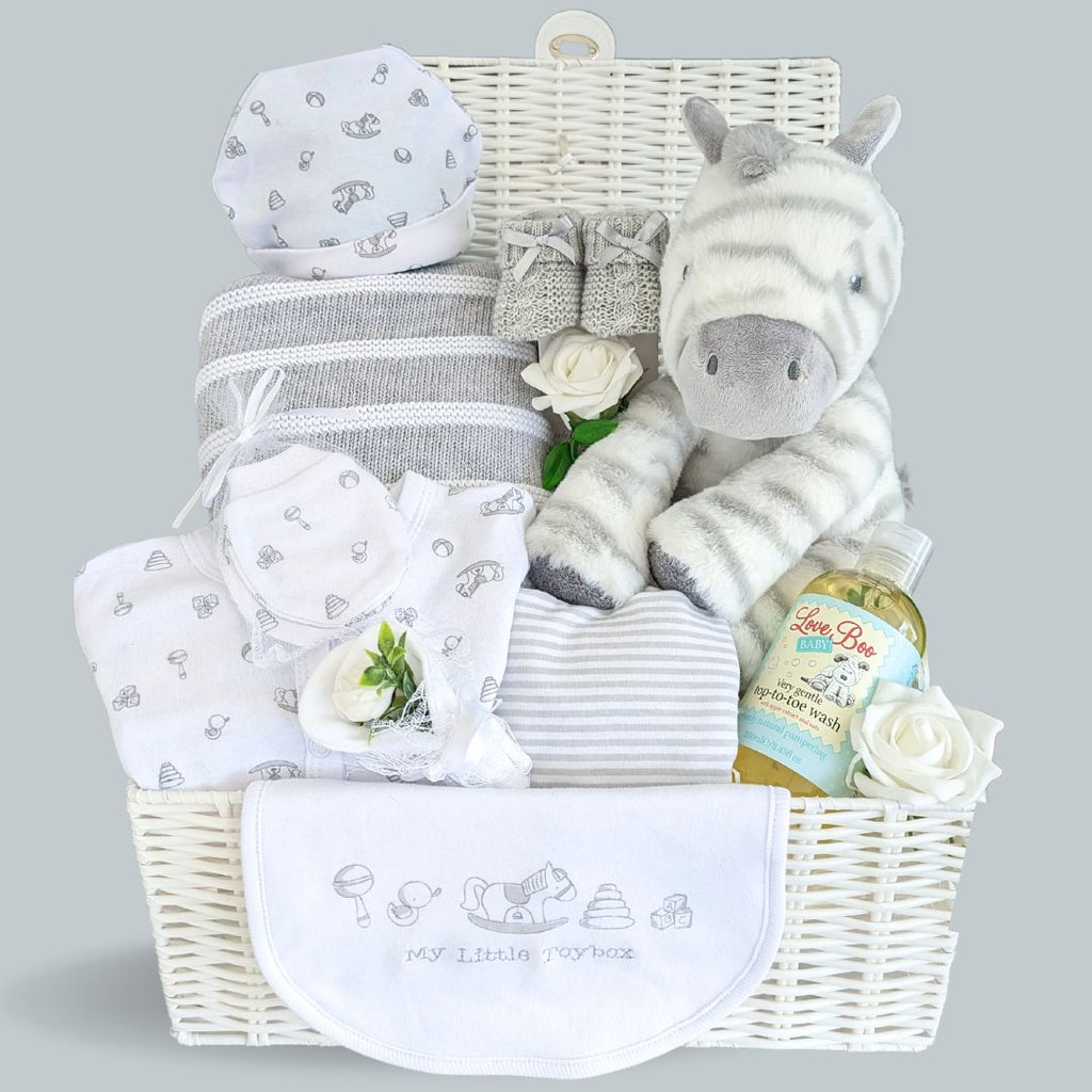 Baby Shower Hamper Basket - Zoomie Zebra - Baby Shower Gifts – Bumbles ...