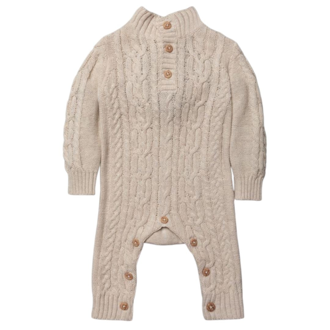 beige baby romper with buttons.