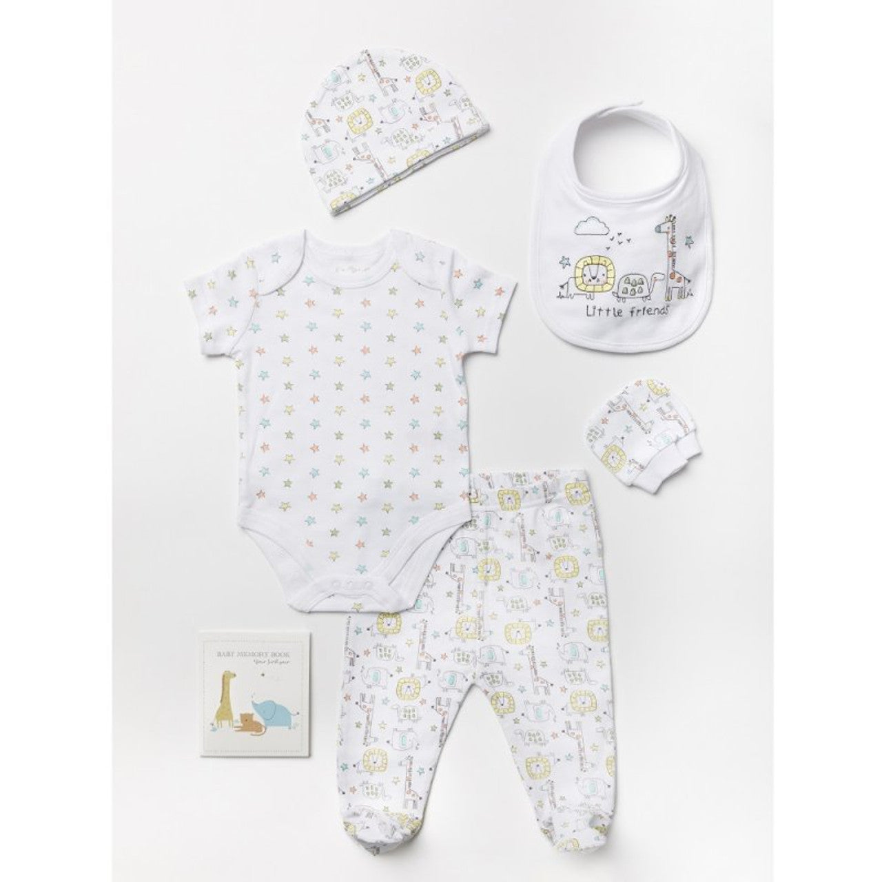 White stars and animal-themed baby outfit with book. Contains a bodysuit, trousers, hat, bib and mittens