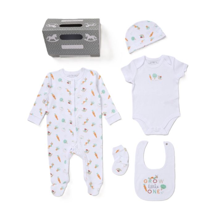 Unisex new baby 5 piece gift set with friendly vegetable print and grow little one on the bib bumbles and boo