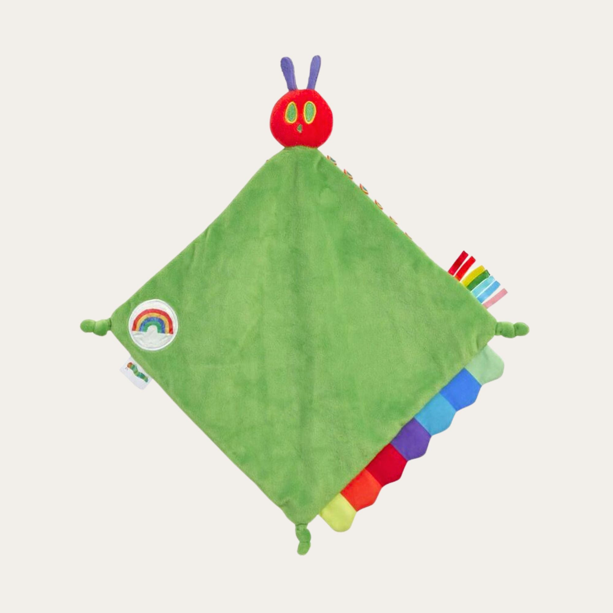 comforter blanket for a baby green and red, the very hungry caterpillar. Bumbles and Boo.