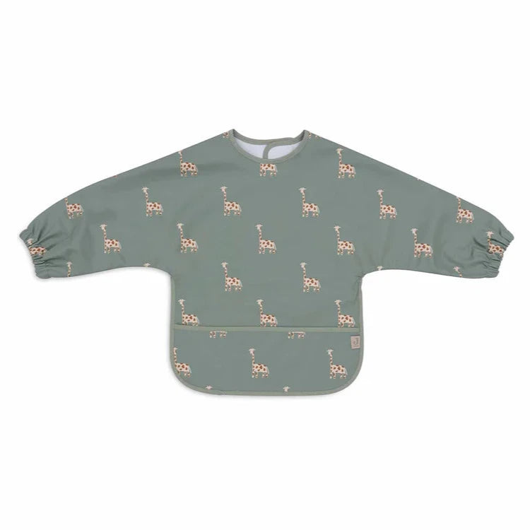 long sleeve green waterproof  bib with giraffe print