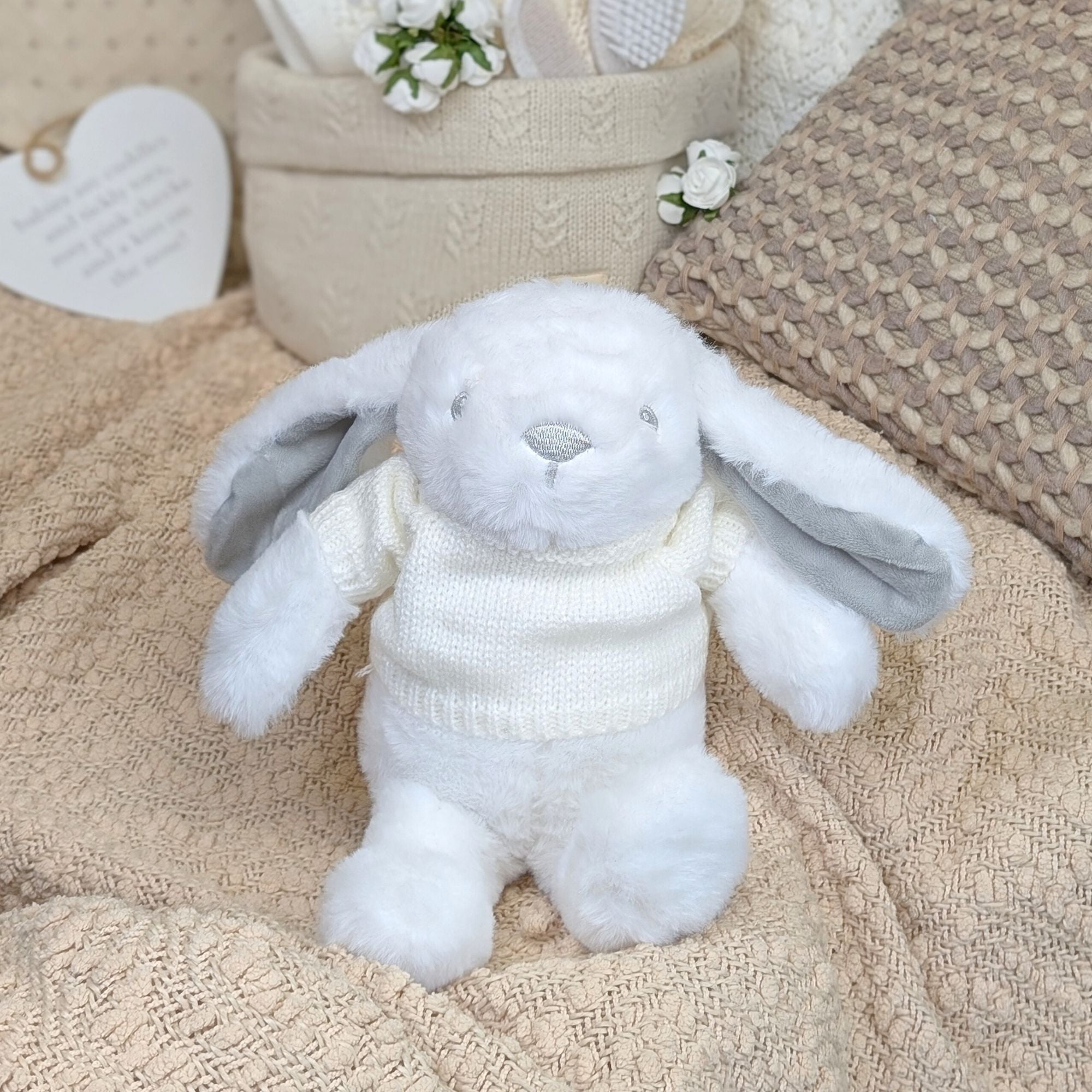 white soft bunny in a jumper, bumbles and boo.