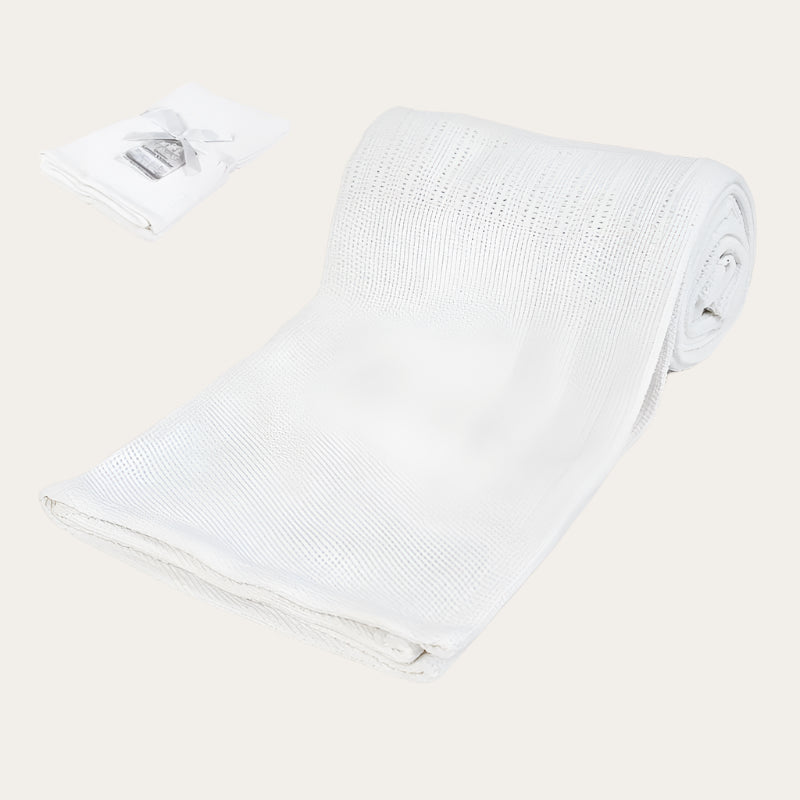 Personalisable White Cotton Cellular Blanket in use, covering a sleeping baby.