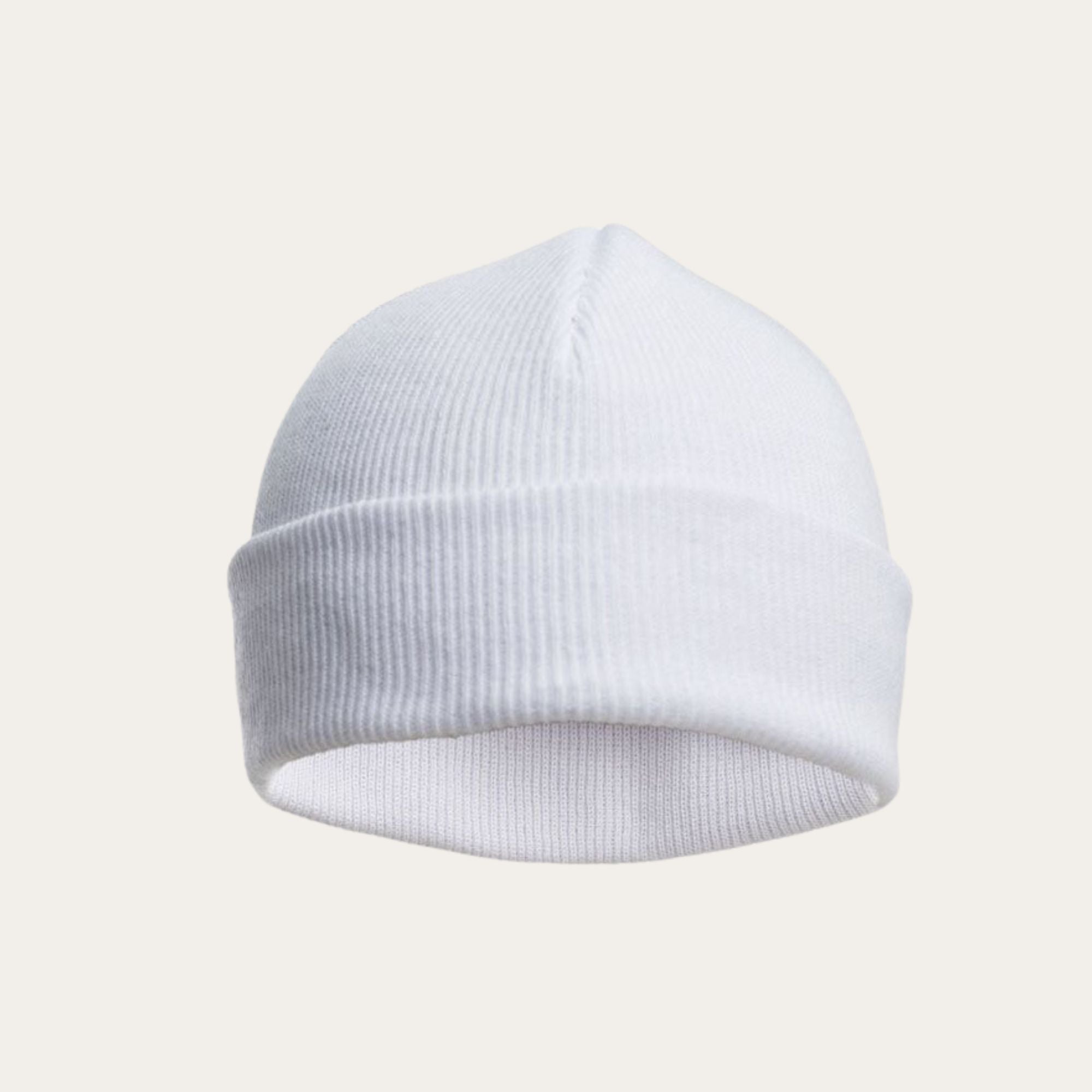 White ribbed beanie knitted cotton hat with a turn over 