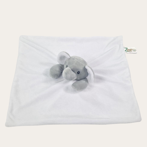 White Elephant Plush Comforter with a soft recycled yarn design, featuring a charming elephant face. Sized 36 x 36 cm, suitable for babies from birth, eco-friendly, and personalisable with a baby’s name for a thoughtful and cozy gift.