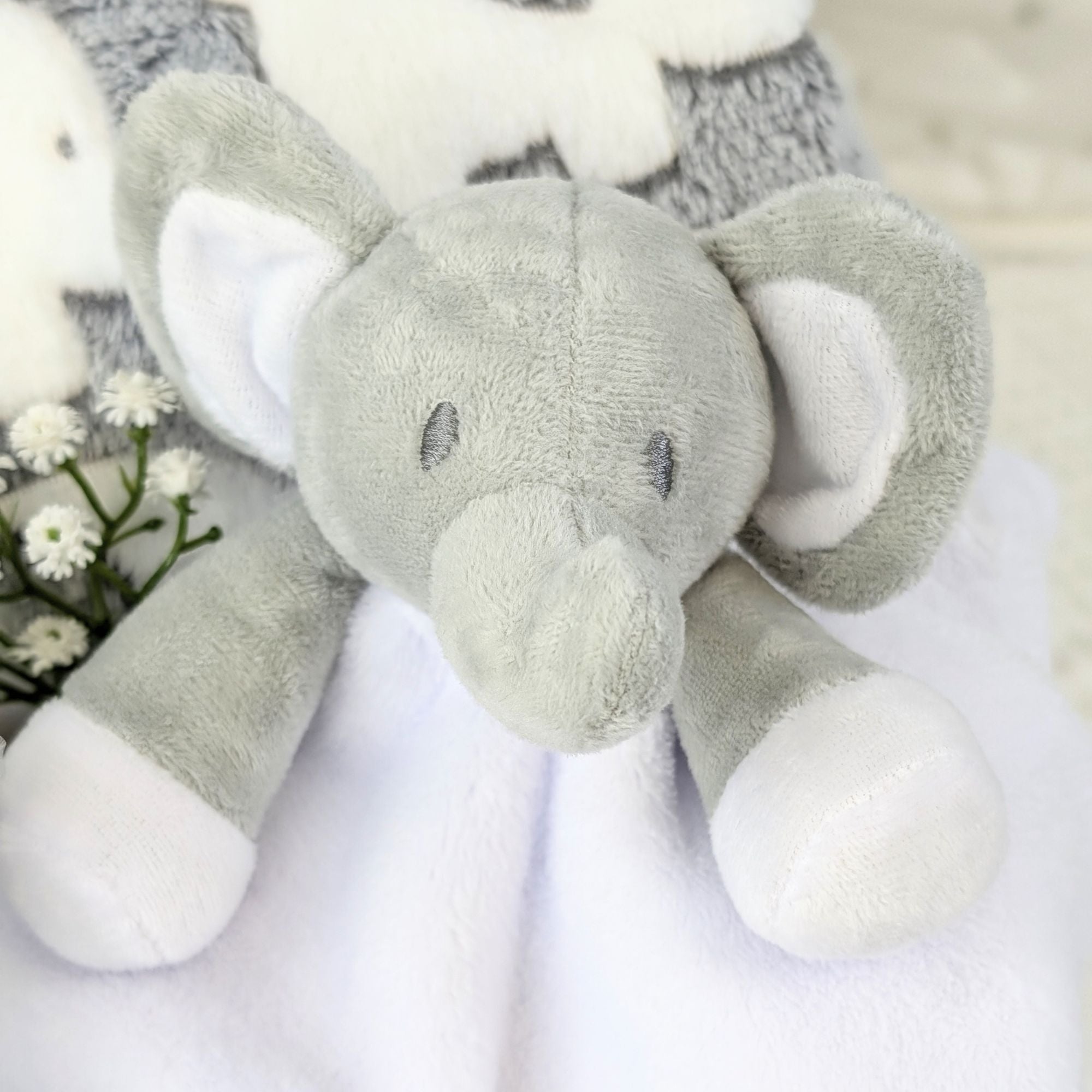 baby soft toy elephant comforter in grey and white