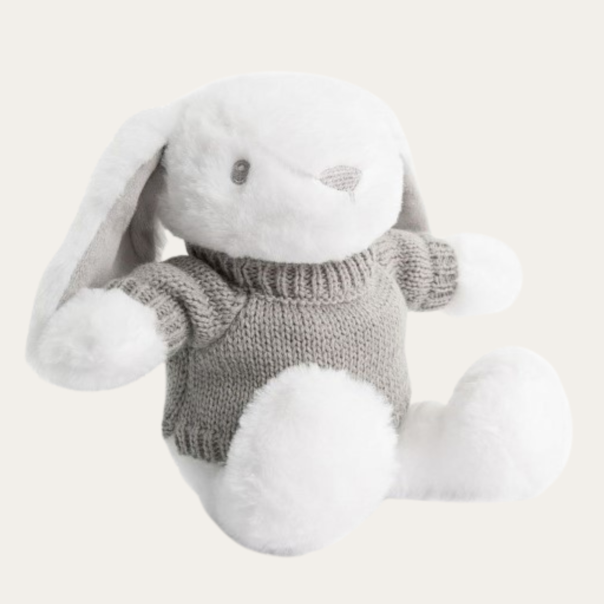 20cm personalised soft white cuddly toy rabbit with a customisable knitted jumper, perfect for new baby gifts, baby showers, or christenings